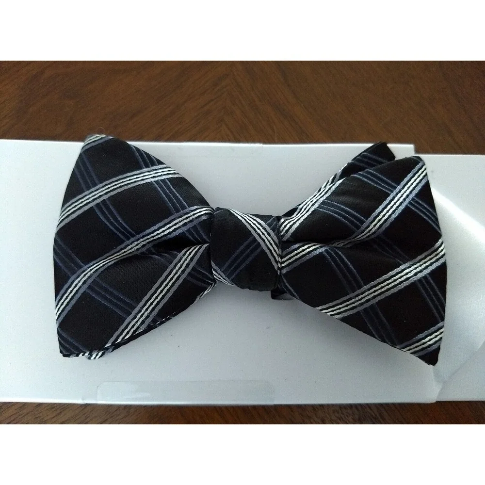 ALFANI SPECTRUM Men's‎ Bow Tie & Pocket Square Black w/ Gray White Stripes NEW - Picture 5 of 11